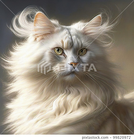 A Serene Long-haired Fluffy Cat with Blue Eyes Sits Gracefully on a Cozy Blanket A Serene Long-haired Fluffy Cat with Blue Eyes Sits Gracefully on a Cozy Blanket 99820972