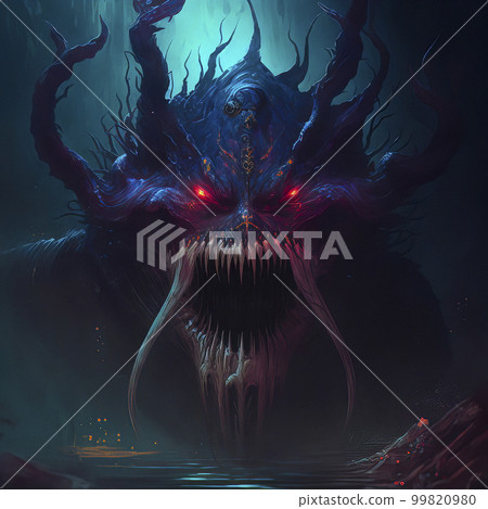 Concept Art Menacing, Demonic Monster near a Dark Body of Water 99820980
