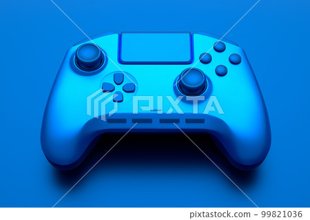 Realistic video game joystick with blue chrome texture isolated on blue Realistic video game joystick with blue chrome texture isolated on blue 99821036