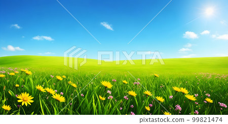 Spring landscape with grass and flowers-插圖素材 [99821474] - PIXTA圖庫