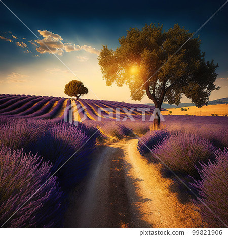 Purple lavender field in Provence at sunset. Lavender. Stunning summer landscape in Provence, France with blooming violet fields 99821906
