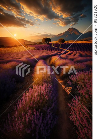 Purple lavender field in Provence at sunset. Lavender. Stunning summer landscape in Provence, France with blooming violet fields 99821920