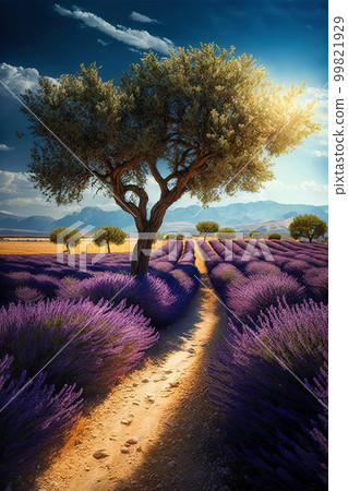 Purple lavender field in Provence at sunset. Lavender. Stunning summer landscape in Provence, France with blooming violet fields Purple lavender field in Provence at sunset. Lavender. Stunning summer landscape in Provence, France with blooming violet fields 99821929