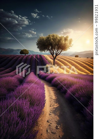 Purple lavender field in Provence at sunset. Lavender. Stunning summer landscape in Provence, France with blooming violet fields Purple lavender field in Provence at sunset. Lavender. Stunning summer landscape in Provence, France with blooming violet fields 99821931