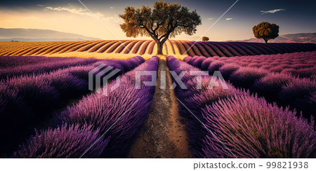 Purple lavender field in Provence at sunset. Lavender. Stunning summer landscape in Provence, France with blooming violet fields 99821938