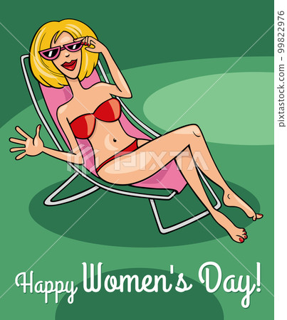 Women's Day design with cartoon woman on beach chair Women's Day design with cartoon woman on beach chair 99822976