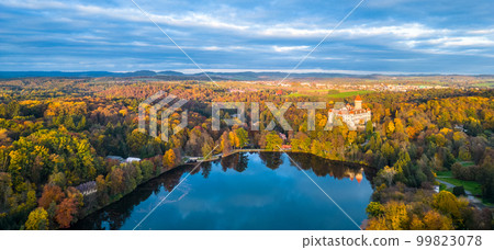Konopiste medieval castle and Konopistsky water reservoir. Benesov, Czech Republic. Aerial view from drone. Konopiste medieval castle and Konopistsky water reservoir. Benesov, Czech Republic. Aerial view from drone. 99823078