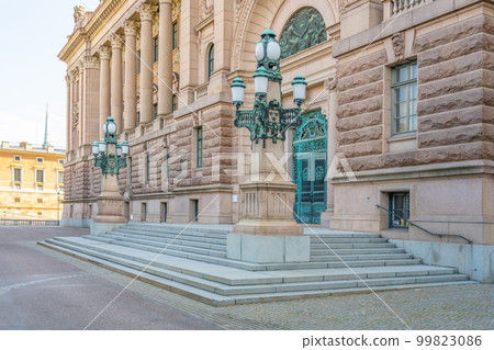 Detailed view of Entrace door to Parliament House, Swedish: Riksdagshuset, the seat of the parliament of Sweden, Swedish: Riksdag. Stockholm in Sweden 99823086