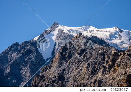 Rocky summit and glacier of Ortler Mountain, 3 905 m, and Julius Payer House at normal route. The highest peak of Tyrol and former Austrian-Hungarian empire. Eastern Alps, Italy 99823087