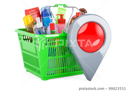 Shopping basket with cosmetic products with map pointer. 3D rendering Shopping basket with cosmetic products with map pointer. 3D rendering 99823531