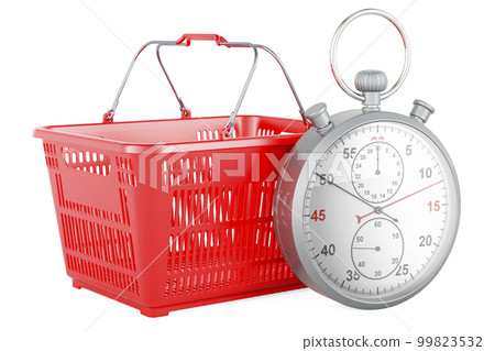 Shopping basket with stopwatch, 3d rendering Shopping basket with stopwatch, 3d rendering 99823532