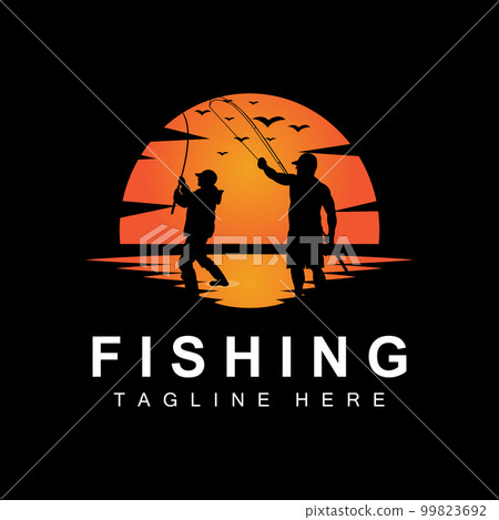 fishing logo icon vector, catch fish on the boat, outdoor sunset silhouette design 99823692