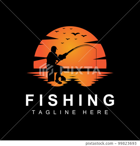 fishing logo icon vector, catch fish on the boat, outdoor sunset silhouette design 99823693