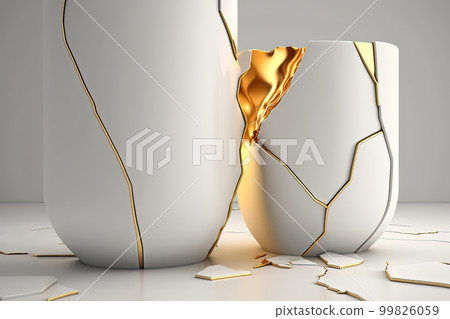 White and gold kintsugi style vase in traditional Japanese art of broken pottery with cracked lines. AI White and gold kintsugi style vase in traditional Japanese art of broken pottery with cracked lines. AI 99826059