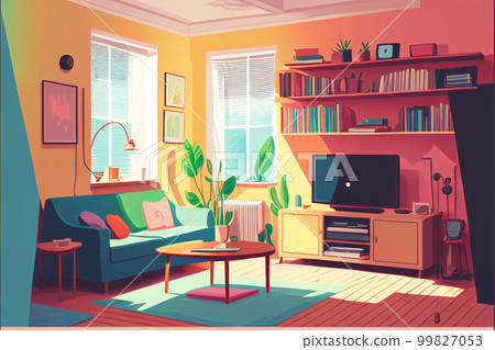 色彩繽紛的客廳插畫內部透視AI圖像 99827053