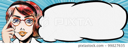 A wide-size illustration of a beautiful American secretary who puts on her glasses and smiles, drawn in the American comic style of the 1960s. A wide-size illustration of a beautiful American secretary who puts on her glasses and smiles, drawn in the American comic style of the 1960s. 99827635