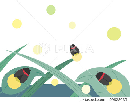 Illustration of a firefly perched on a leaf and a firefly flying 99828085