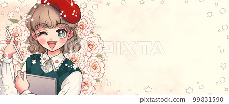職業學校學生立志成為插畫師,女孩卡通風格橫幅 職業學校學生立志成為插畫師,女孩卡通風格橫幅 99831590
