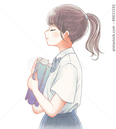 清爽的水彩風插畫，拿著書當圖書管理員的女高中生 99831592
