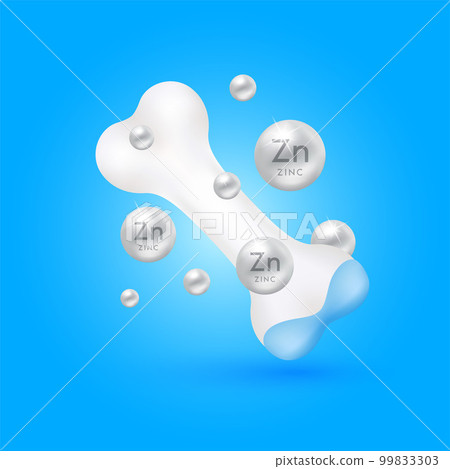 Bone healthy and silver zinc fall to the ground. Cartilage model isolated on blue background. Vitamins minerals care knee joint. Medical concept. Realistic 3D vector 99833303