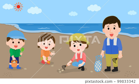 一家人享受挖蛤蜊 大海和沙灘背景的插圖 一家人享受挖蛤蜊 大海和沙灘背景的插圖 99833342