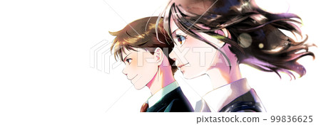 社會成員側面圖，男性和女性，單身人士，左空間，無季節，無背景 99836625