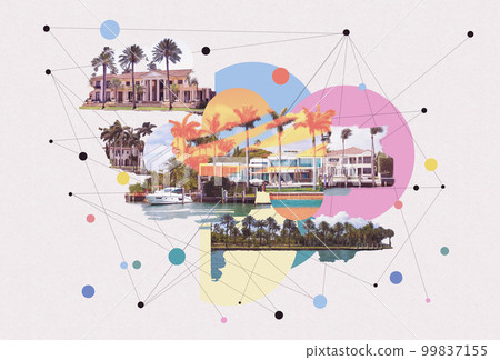 Luxurious mansion in Miami Beach, Florida at US. Creative contemporary art collage or design. 99837155