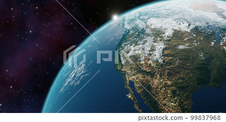 Beautiful 3d earth planet 3d render. Concept of climate change, dark night, cities lights, sunrise. World planet satellite, Stars, nebula and galaxy. Sunrise from outer space 99837968
