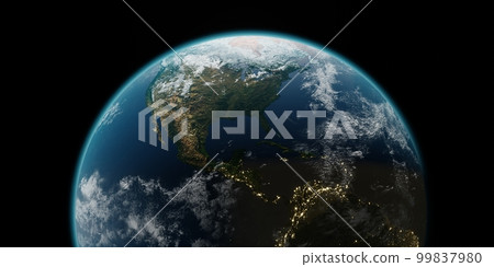 Earth planet with lights on black background 3d render. World planet satellite, Stars, nebula and galaxy. Concept of climate change, dark night, cities lights, sunrise. Sunrise from outer space 99837980