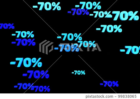 Blue minus seventy percent symbols fall down isolated on black background 3d render. Concept of discounts, sales, seasonal promotions, black friday, singles day and shopping 1111 99838065