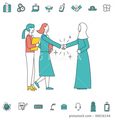 Handshake and icon set of Asian and Arab business people 99838148
