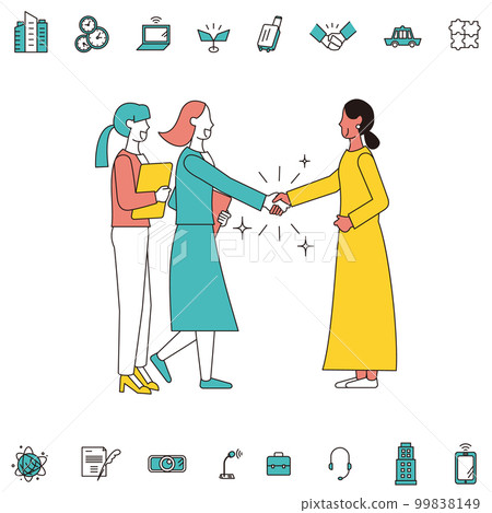 Asian and Indian business person handshake and icon set 99838149