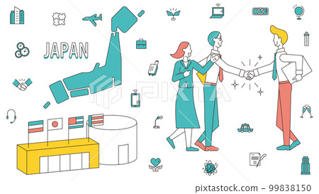Handshake and icon set of Western business people visiting Japan for business 99838150
