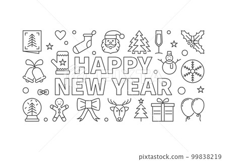 Happy New Year vector horizontal banner in thin line style Happy New Year vector horizontal banner in thin line style 99838219