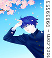 Illustration of cherry blossoms falling on a boy in school uniform on a sunny day 99839553