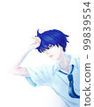 A boy with a gesture that puts his hand on his forehead and avoids something 99839554