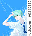 A boy who seems to be dazzled by the summer sun 99839557