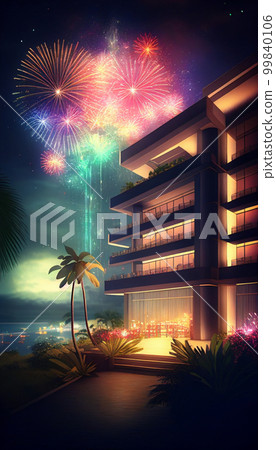A tourist spot with a summer festival illustration of a tropical resort hotel AI image 99840106