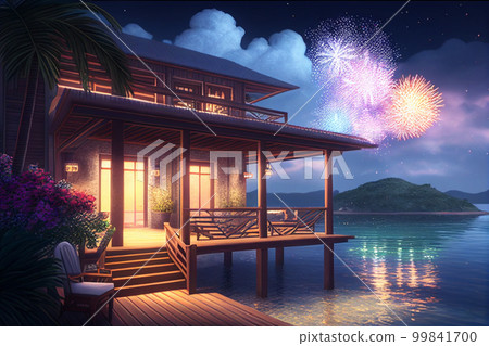 煙花景觀海濱房屋插圖外觀透視 AI 圖像 煙花景觀海濱房屋插圖外觀透視 AI 圖像 99841700