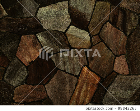 A background image of a dark and dark ocher rough and irregular paving stone surface 99842263