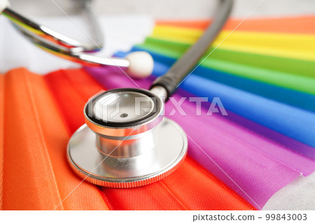 LGBT symbol, Stethoscope with rainbow ribbon, rights and gender equality, LGBT Pride Month in June. 99843003