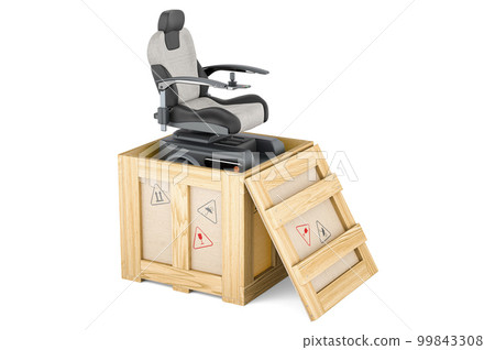 Motorized Power Chair inside wooden box, delivery concept. 3D rendering Motorized Power Chair inside wooden box, delivery concept. 3D rendering 99843308