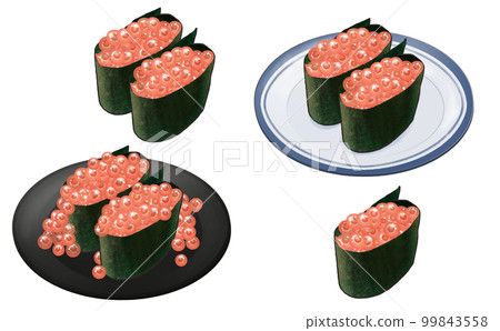 Sushi, salmon roe warship roll, salmon roe, 1 piece, set of 2 plates, illustration material, transparent background/white background, other materials available 99843558
