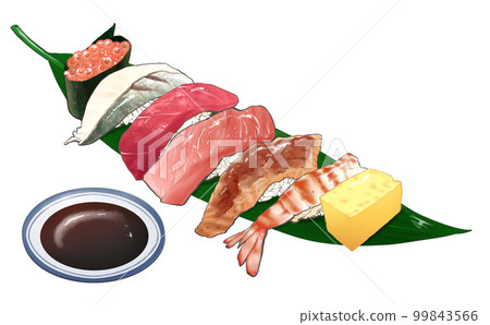 Set of 6 types of sushi and eggs on bamboo leaves Sushi illustration material Transparent background/white background Other material/variations included Tuna 99843566