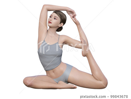 Yoga pose: Woman doing yoga pigeon pose Illustration of a Japanese 3D model, full body front view 99843678