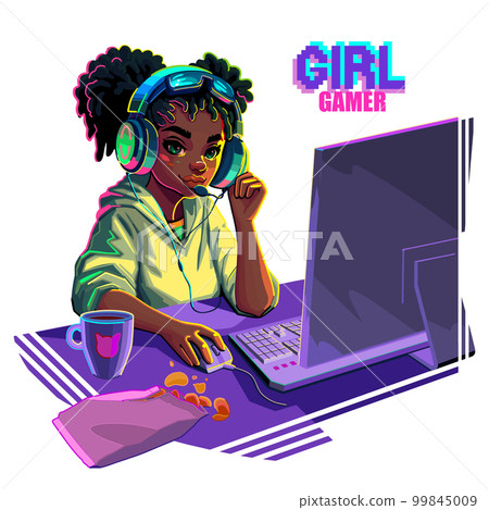 African girl gamer or streamer in a hijab and a headset sits at a computer African girl gamer or streamer in a hijab and a headset sits at a computer 99845009