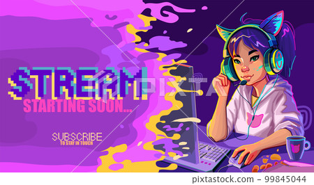 Asian girl gamer or streamer with with cat ears headset sits at a computer. Asian girl gamer or streamer with with cat ears headset sits at a computer. 99845044