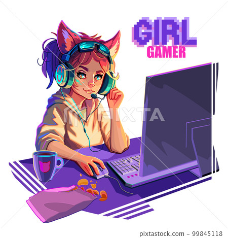 Girl gamer or streamer with cat ears headset sits at a computer. Girl gamer or streamer with cat ears headset sits at a computer. 99845118
