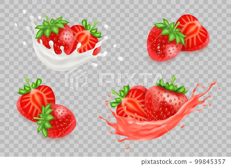 Tasty delicious strawberry, isolated cream or fresh juicy, half or slice of berry, yoghurt or milkshake splash in motion. Natural smoothie cocktail. Vector realistic neoteric 3d design elements set Tasty delicious strawberry, isolated cream or fresh juicy, half or slice of berry, yoghurt or milkshake splash in motion. Natural smoothie cocktail. Vector realistic neoteric 3d design elements set 99845357