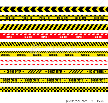 Yellow construction stripes. Adhesive tape cordon. Attention and warning barrier. Police accident. Forensic or caution hazard ribbons. Danger zone restricted boundary. Vector current graphic lines set 99845360